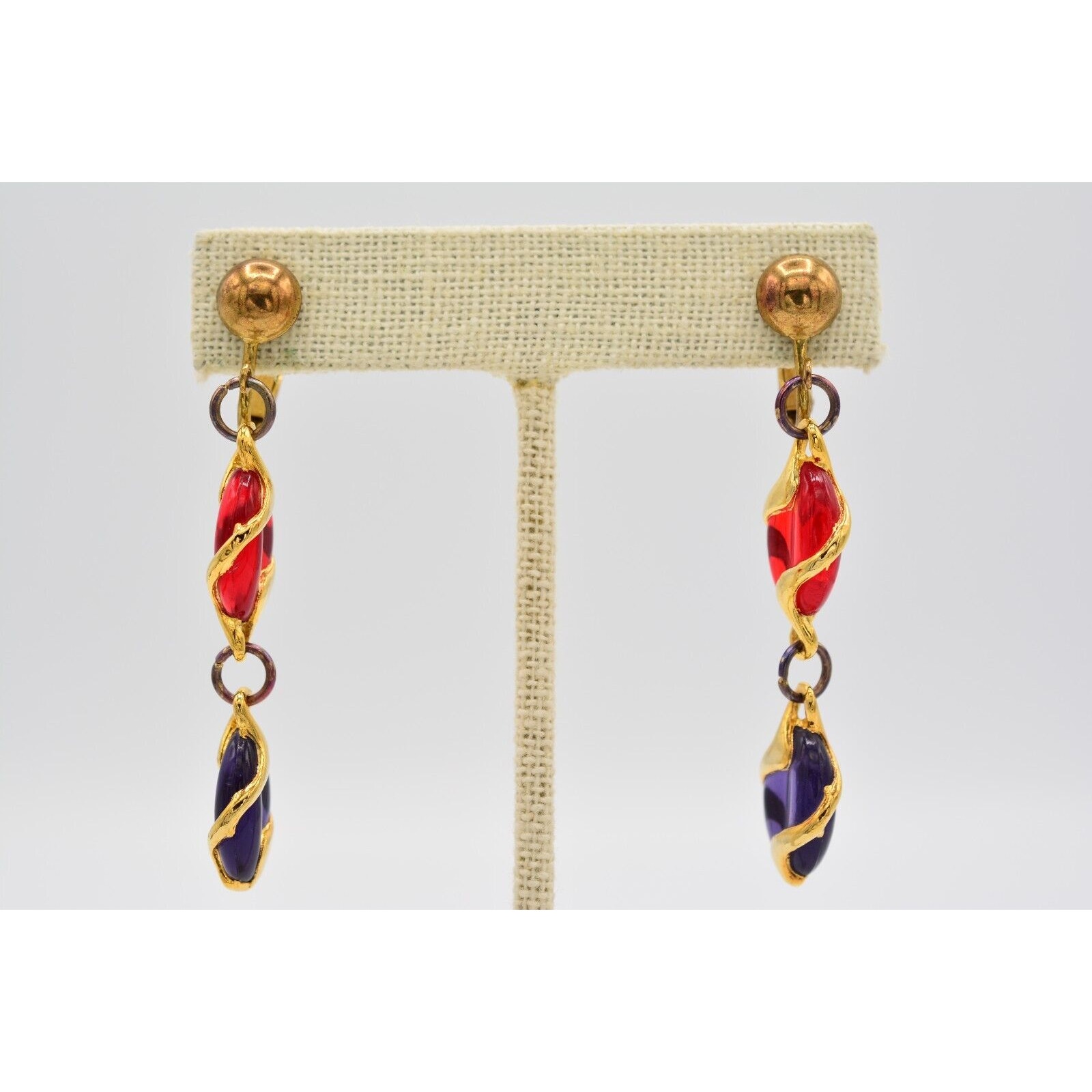 Vintage Cabochon Screw Back Earrings Dangle Red Purple Jelly Gold Tone 80s Binab 15$